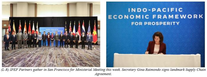 (L-R) IPEF partners gather in San Francisco for ministerial meeting this week. Commerce Secretary Gina Raimondo signs landmark supply chain agreement. 