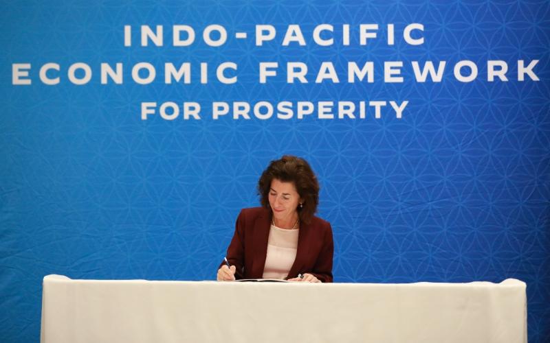 U.S. Secretary of Commerce Gina Raimondo signs the IPEF Supply Chain Agreement on November 14, 2023 in San Francisco, CA