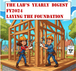 Man and woman in construction outfits with hardhats hammering nails into a wood beam that represents a house being built while standing on a wood and concrete platform. 