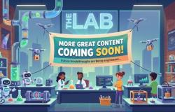 image of beakers and scientists in lab coats working. A banner says The LAB and under it a sign says More Great Content Coming Soon. Future Breakthroughs are being engineered. 