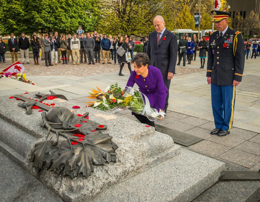 Secretary Pritzker laying a wreath at the Canadian War Memorial, extending her deepest sympathy for the loss of Canada's heroes.