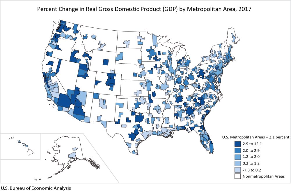 The percent change in real GDP by metropolitan area ranged from 12.1 percent in Odessa, TX to -7.8 percent in Enid, OK (table 2).