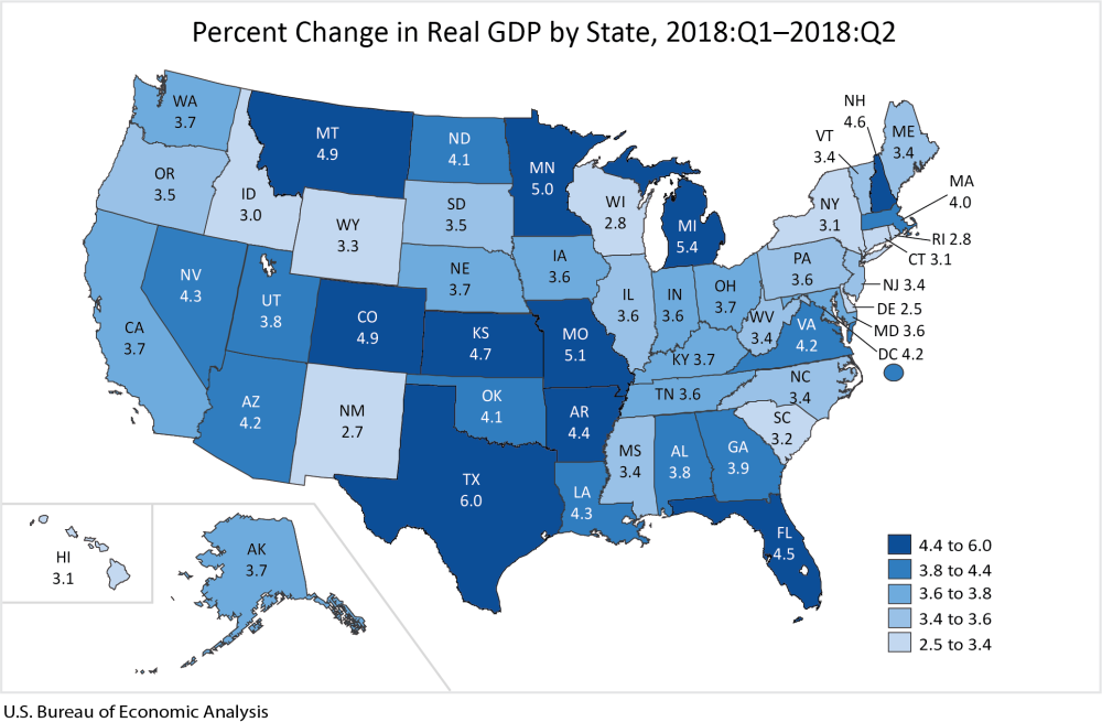 BEA Graphic on Real GDP by State for 2018. 
