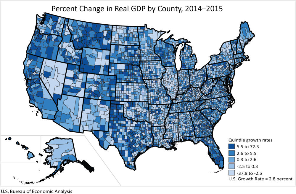 BEA Graphic on Percent Change in Real GDP by County, 2014-2015.