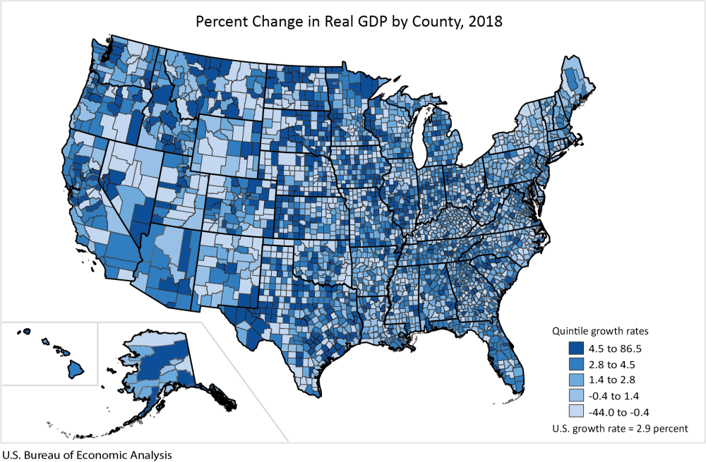 BEA Graphic on Percent Change in Real GDP by County, 2018