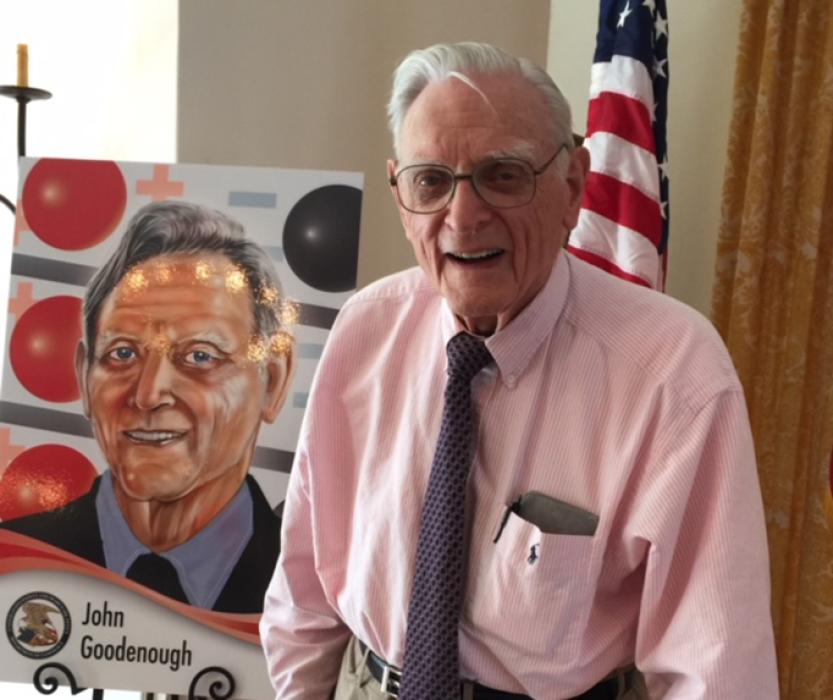Nobel Prize winner John Goodenough with his inventor collectible card presented to him by the USPTO in 2018.