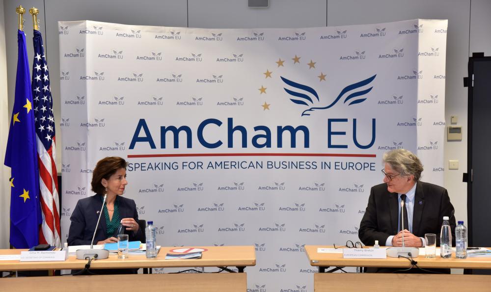 Commerce Secretary Gina Raimondo and European Commissioner for the Internal Market Thierry Breton at the EU American Chamber of Commerce (AmCham).
