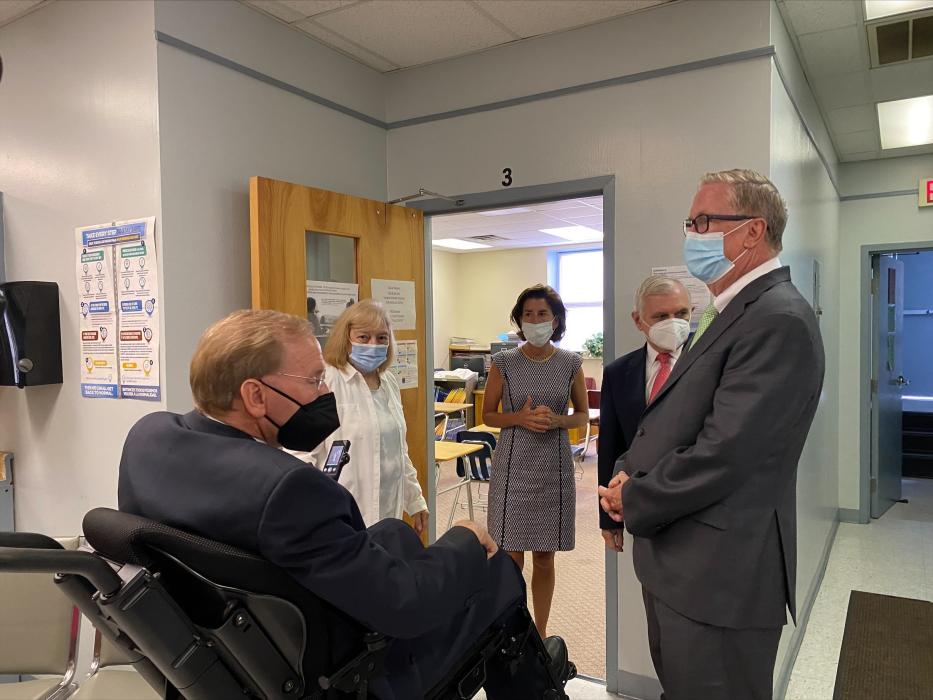 Commerce Secretary Gina Raimondo and Rhode Island Senator Jack Reed at the Cranston Public Schools Career & Technical Center in Cranston, Rhode Island.