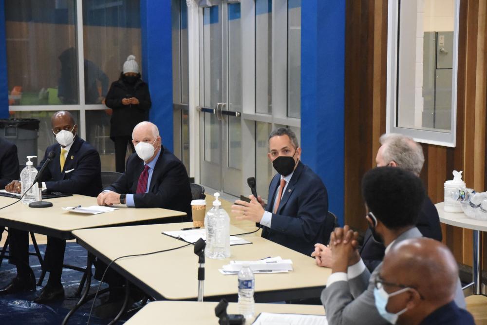 Deputy Secretary Graves pictured with Senators Van Hollen and Cardin at roundtable with Mayor Brandon Scott and HBCU presidents and representatives at a roundtable on digital equity.