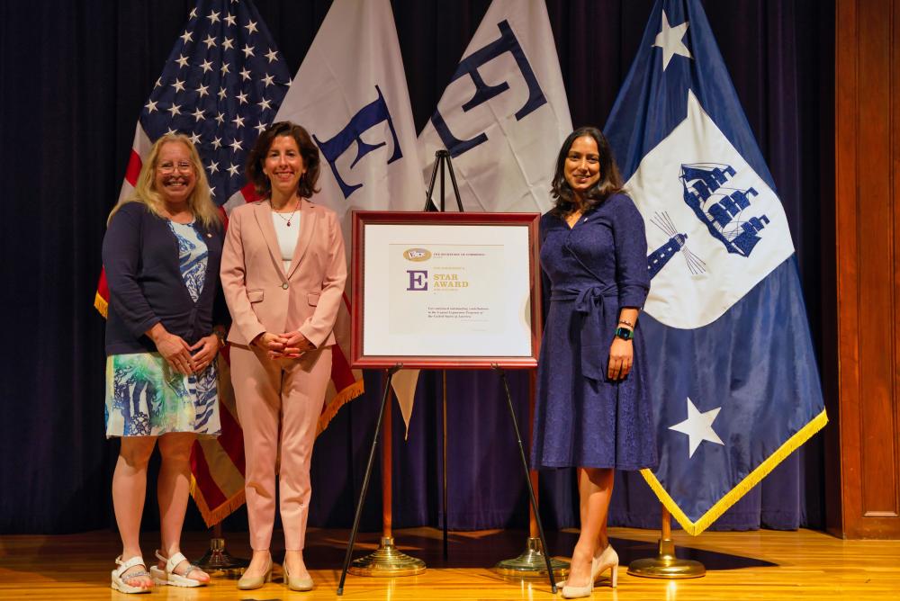 U.S. Secretary of Commerce Gina Raimondo presents Technologent, Irvine, California the “E” Star Award for Exports, which recognizes previous “E” Awardees that have reported four years of additional export growth.