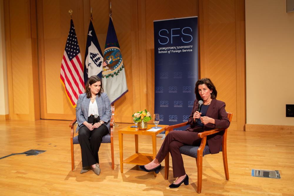 Commerce Secretary Gina Raimondo answers questions from students at Georgetown University’s School of Foreign Service.