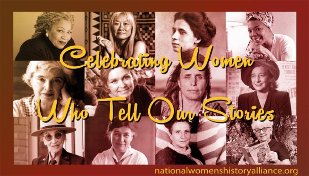 image shows women and text "celebrating women who tell our storeis" 
