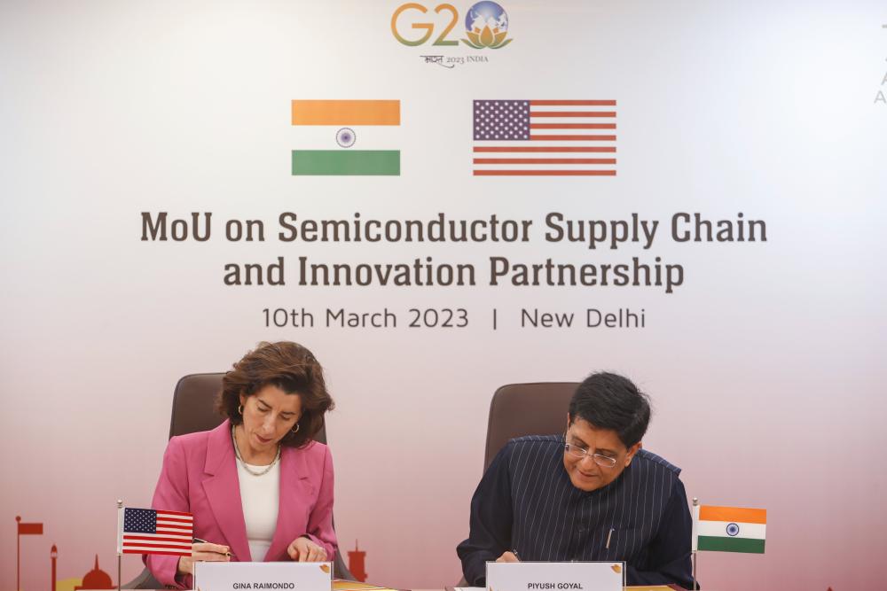 Commerce Secretary Gina Raimondo and India's Minister of Commerce and Industry Piyush Goyal sign Memorandum of Understanding on semiconductors and electronics supply chains