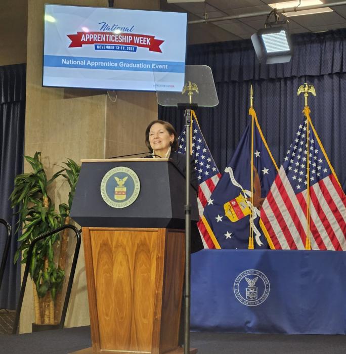 Department of Commerce Senior Counselor Zoe Baird at a National Apprenticeship Week 2023 event honoring students who recently completed apprenticeship programs. 