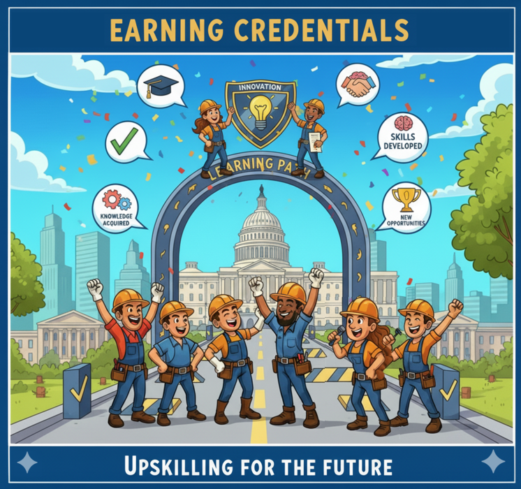 An arch that says Learning Path with two people standing on it celebrating Innovation. There is confetti in the air with white circles indicating a shaking of hands, a brain of skills, a trophy, a graduation cap, and then in the background is the capitol building. In the front are six construction people celebraring.