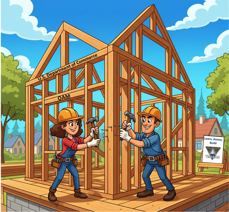 Man and woman in construction outfits with hardhats hammering nails into a wood beam that represents a house being built while standing on a wood and concrete platform. 