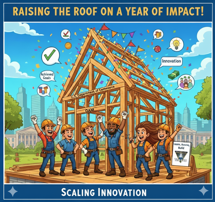 Many men and a woman in construction outfits with hardhats hammering nails into a wood beam that represents a house being built while standing on a wood and concrete platform. The house has banners and lights on it to celebrate achievements.
