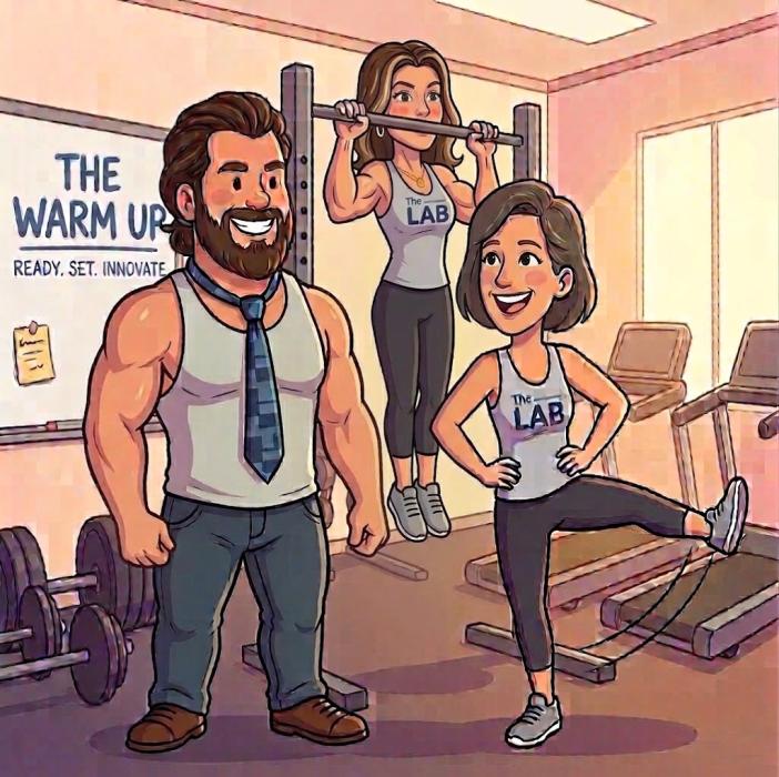 The LAB members in a gym with Olivia doing some leg warm ups. There are weights in the background, and another female member is doing a pullup with medium muscle tone while a man with beautiful hair is standing in a tank top with a tie and pants flexing. 