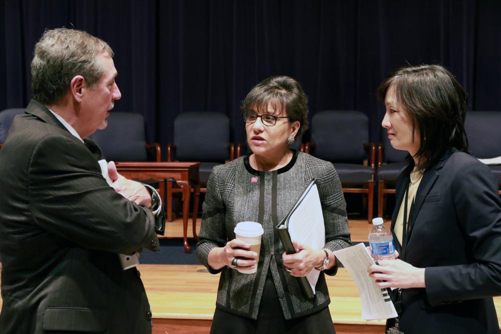 Secretary Pritzker with Census Bureau Director John Thompson and USPTO Deputy Director Michelle Lee at the all-hands employee meeting to discuss the Commerce Department’s FY2016 budget. 