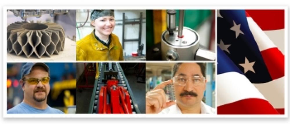 Collage of Manufacturing Photos and the American Flag