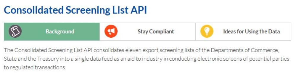 Screenshot of ITA's CSL application programming interface (API)