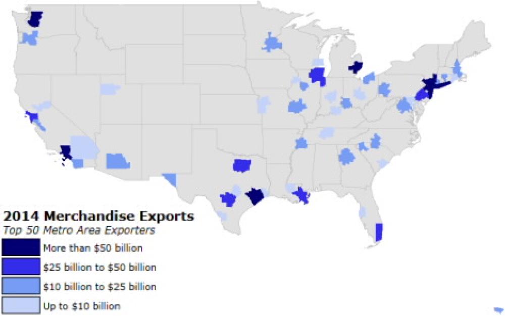 Map of Top 50 Metro Area Exporters in U.S. in 2014