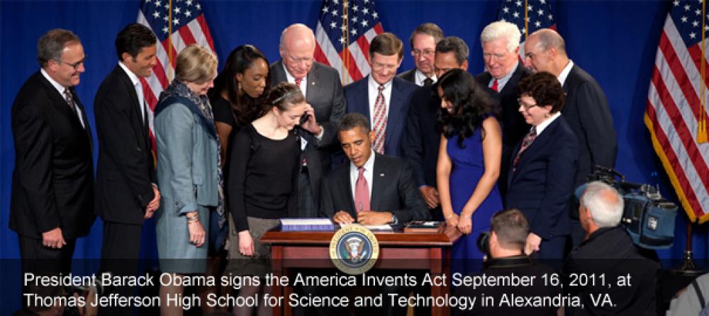 President Barack Obama signing the America Invents Act on September 16, 2011, at Thomas Jefferson High School for Science and Technology in Alexandria, VA