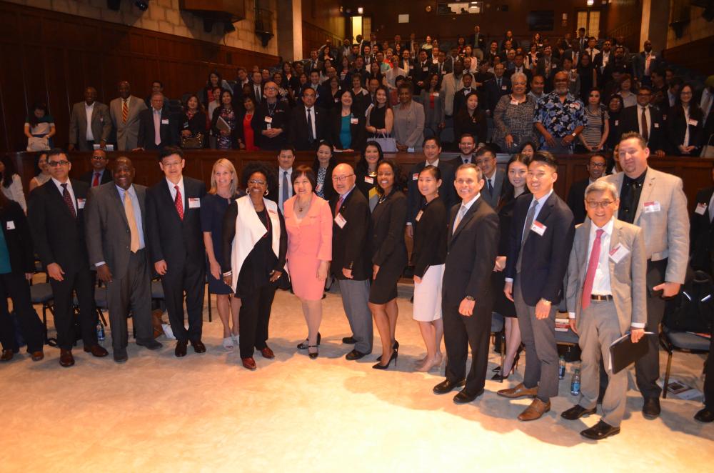 Attendees and speakers gather for a group photo during the 2017 National AAPI Business Summit held at the U.S. Department of Commerce in Washington, D.C.