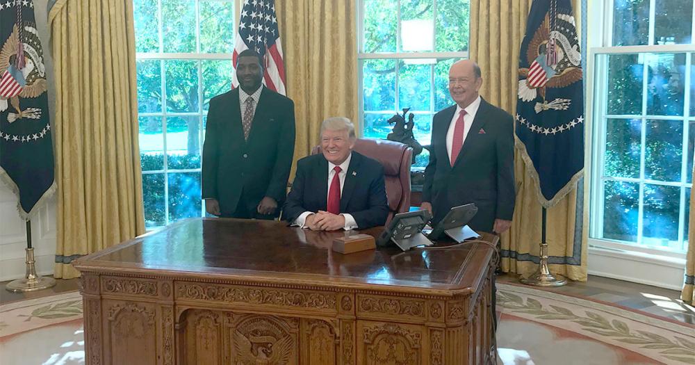 Army veteran JarMarcus King, J & F Alliance Group, with President Trump and Secretary of Commerce Secretary Ross