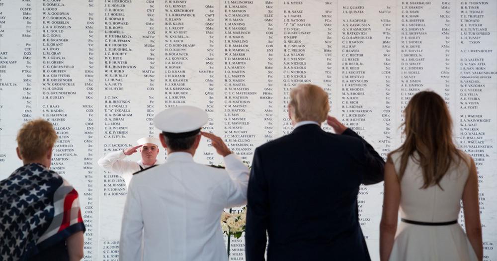President Donald J. Trump and First Lady Melania Trump visiting the USS Arizona Memorial in Pearl Harbor, Hawaii, on November 3, 2017.