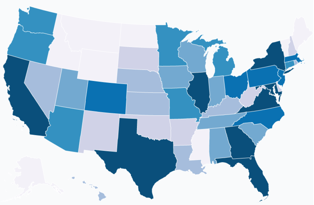 A heat map of cybersecurity jobs funded by the National Institute of Standards and Technology (NIST)