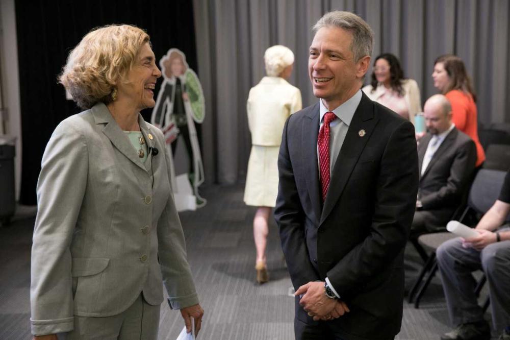 National Inventors Hall of Fame Inductee, Dr. Frances Ligler (left) discusses innovation with USPTO Director Andrei Iancu (right) during a World IP Day celebration at the USPTO headquarters in Alexandria, Virginia on April 24.