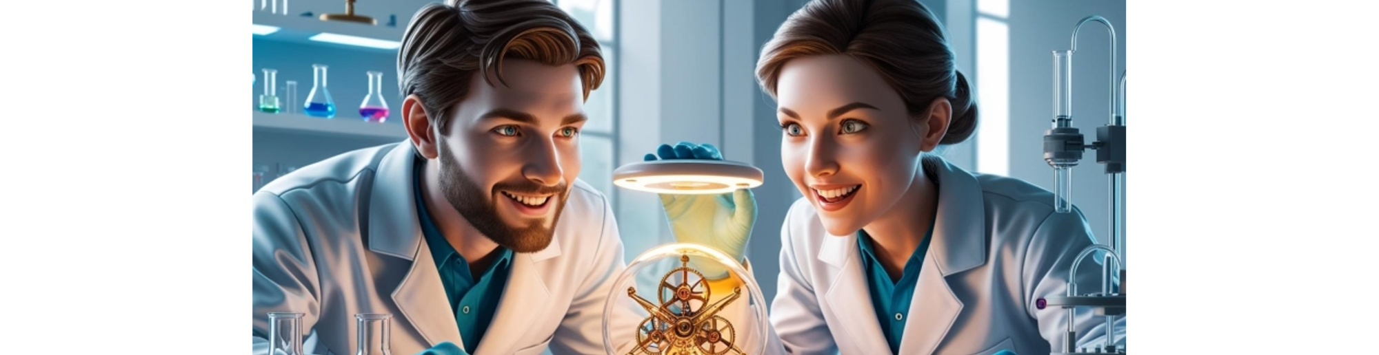 man and woman scientist discovering a new invention while in a lab with lab coats on