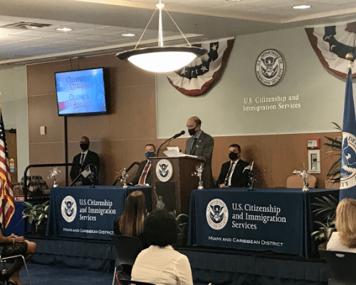 Secretary Ross participated in a special naturalization ceremony to swear-in 40 new American citizens, representing 23 countries at the U.S. Citizenship and Immigration Service in Oakland Park, Florida.