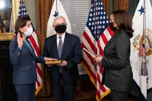 ina M. Raimondo was sworn in as the 40th U.S. Secretary of Commerce. Secretary Raimondo was sworn in by Vice President Kamala Harris after a bipartisan vote of 84-15 in the United States Senate. 