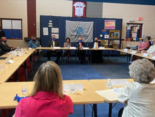 Commerce Secretary Gina Raimondo and Rhode Island Senator Jack Raimondo with caregivers, workforce development experts, innovators, and community and business leaders at the Boys and Girls Club in Pawtucket, Rhode Island