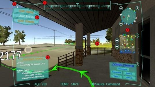 This AR interface shows the overlay of what a first responder would see, including alerts, objectives, and a walking path in the desired direction.