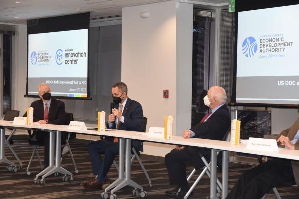 Deputy Secretary Graves with Maryland Senators Van Hollen and Cardin at roundtable on cybersecurity workforce development at the Maryland Innovation Center. 