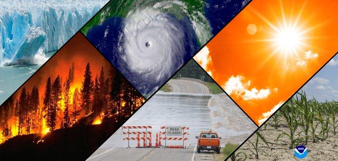 A collage of typical climate and weather-related events: floods, heatwaves, drought, hurricanes, wildfires and loss of glacial ice. (NOAA)