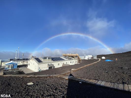 Rainbow over NOAA's Mauna Loa Observatory on the Big Island of Hawaii. The observatory is a premier atmospheric research facility that has been continuously monitoring and collecting data related to atmospheric change since the 1950s. (Brian Vasel/NOAA)