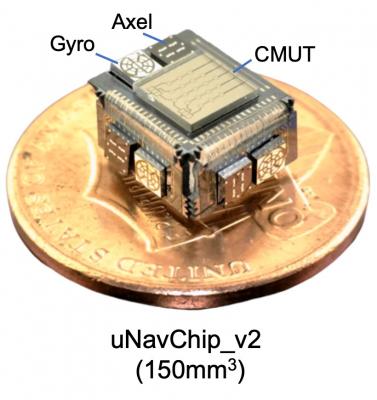 The latest prototype of the UCI uNavChip technology, approaching the size of an apple seed”