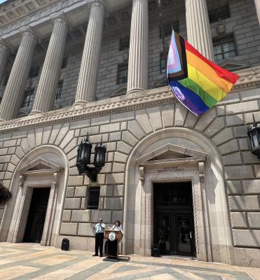 Commerce Secretary Gina Raimondo hosted a ceremony today with Commerce employees and announced the Department will fly the Progress Pride Flag at the Herbert C. Hoover Building throughout the month of June. 