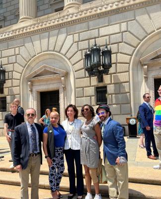 Commerce Secretary Gina Raimondo meets with Commerce employees following announcement the Department will fly the Progress Pride Flag at the Herbert C. Hoover Building. 