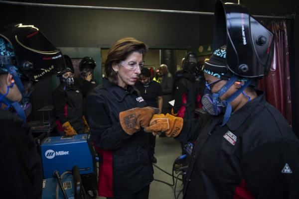 Commerce Secretary Raimondo meets with women in the construction industry during a recent visit to Chicago. 