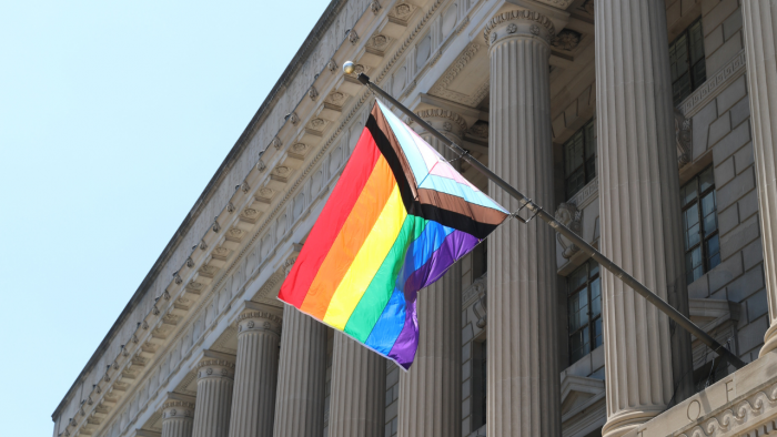 Secretary of Commerce Gina Raimondo HCHB Pride Flag Raise