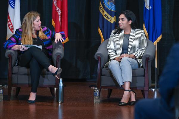 Director of the USPTO Kathi Vidal (left) speaks with Air Force veteran and entrepreneur Liseth Velez during a panel on business development resources 