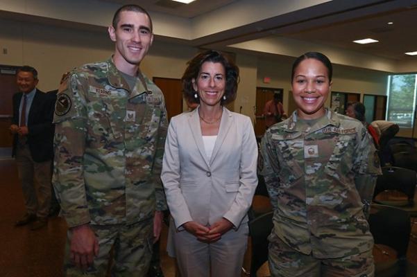 Commerce Secretary Gina Raimondo (center) with two Air Force members at a USPTO Entrepreneurship Essentials event in July at Hanscom Air Force Base, Massachusetts. (Photo by Todd Maki/Hanscom AFB)