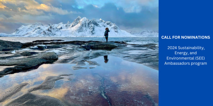 Call for Nominations: The 2024 Sustainability, Energy, and Environmental (SEE) Ambassadors program. (Photo Credit: Ping Sun, 2024 Earth Day Photo Challenge).