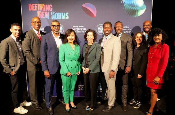 U.S. Commerce Secretary Gina Raimondo, Deputy Under Secretary of Commerce for Minority Business Development Eric Morrissette, and MBDA and NMSDC employees at the 41st Annual National Minority Enterprise Development (MED) Week.