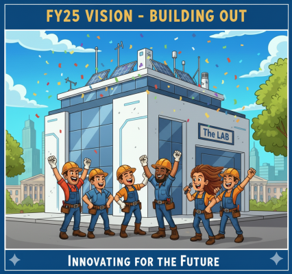 6 construction people are celebrating the building of a LAB with confetti in the air